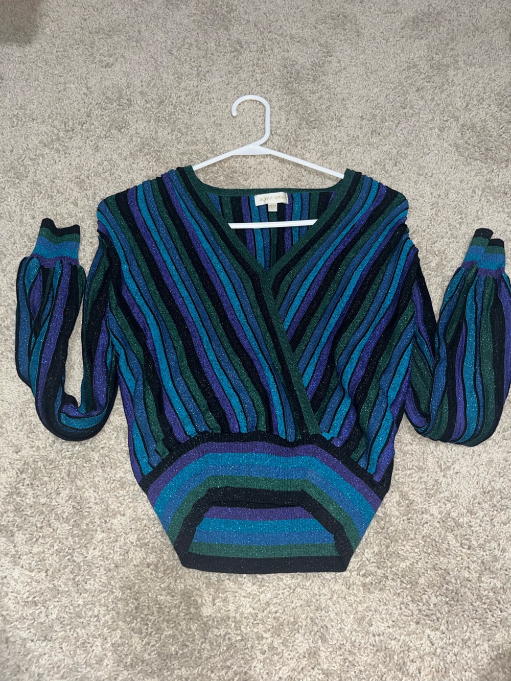 Ronny Kobo Collection Metallic Striped V-Neck Sweater in Teal, Blue & Navy